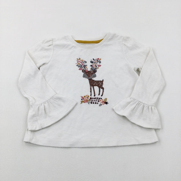 'Pretty Little Deer' Sequinned White Long Sleeve Top - Girls 2-3 Years