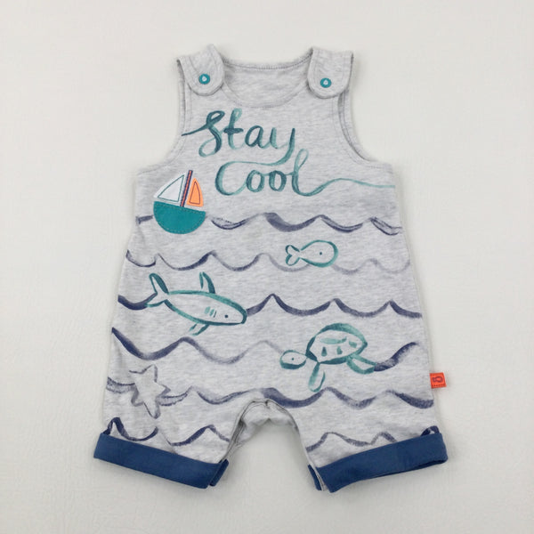 'Stay Cool' Boat Appliqued Grey Dungarees - Boys 3-6 Months