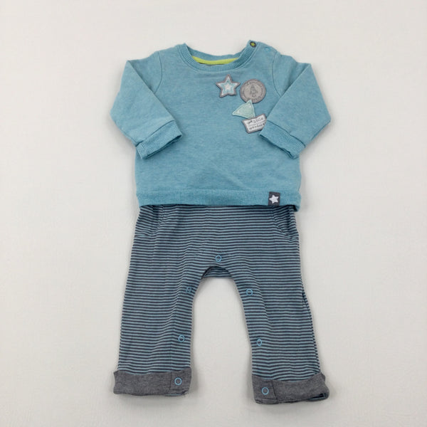 'Little Wanderer' Star Appliqued Blue & Grey Striped Romper With Attached Jumper  - Boys 3-6 Months