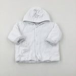 Bear Appliqued White Jacket With Hood - Girls 3-6 Months