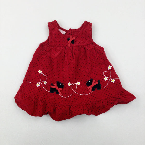 Dogs Appliqued Spotty Red Dress - Girls 3-6 Months