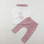 Bunnies Pink & White Long Sleeve Top Leggings & Headband Set - Girls 6-9 Months