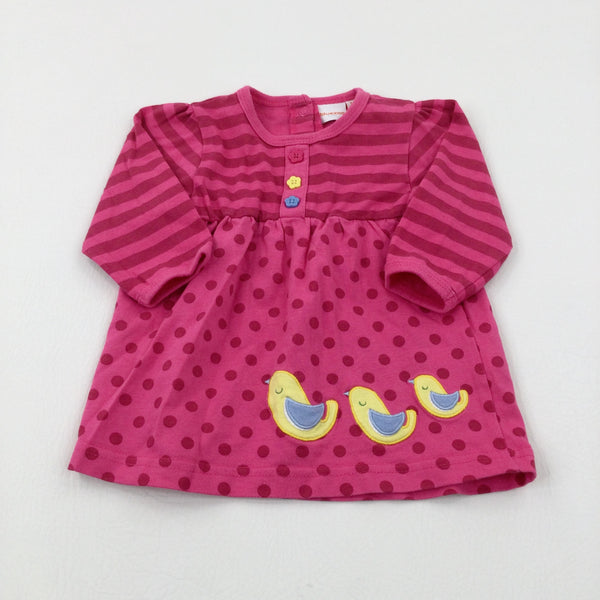Birds Appliqued Spotty Pink Dress - Girls 3-6 Months