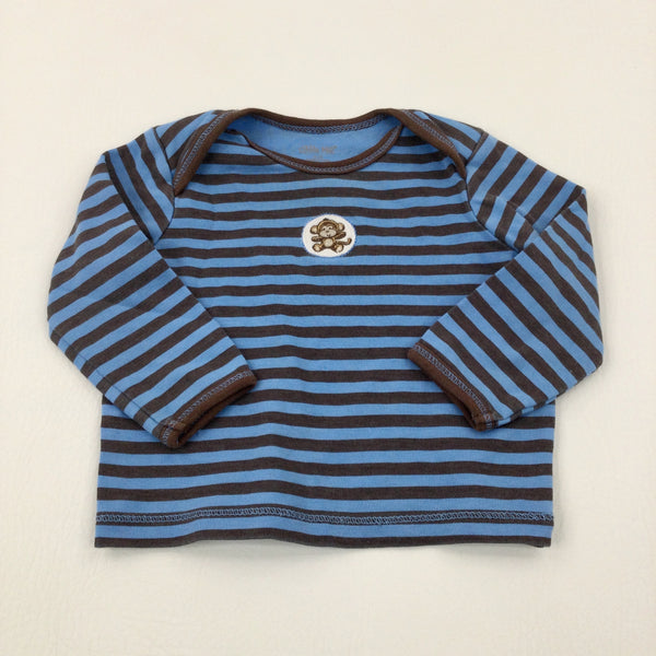 Monkey Motif Brown & Blue Striped Long Sleeve Top - Boys 6-9 Months