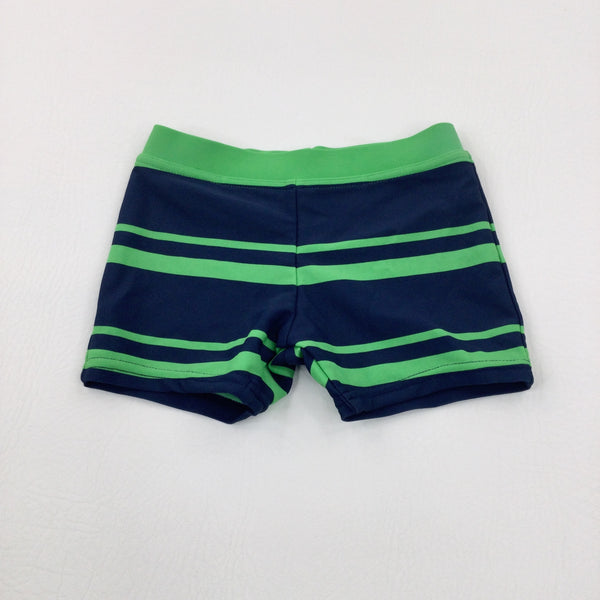 Navy & Green Striped Swim Shorts - Boys 6-9 Months