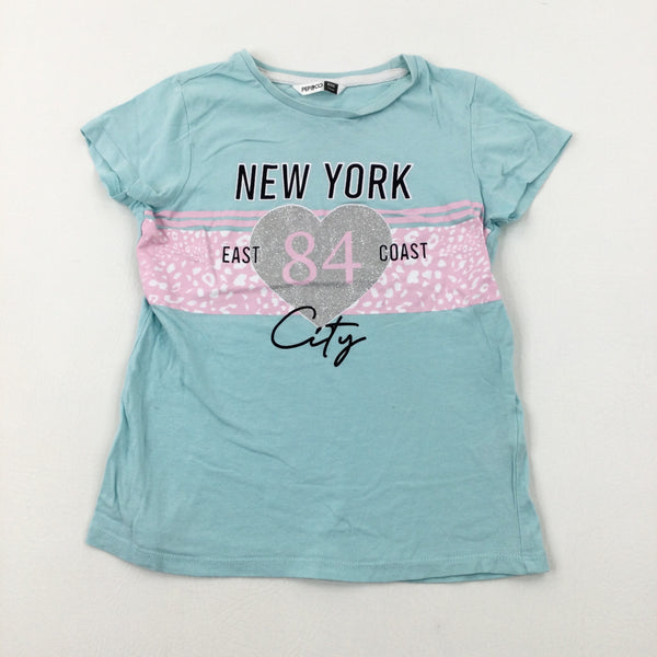 'New York' Heart Glittery Blue T-Shirt - Girls 7-8 Years