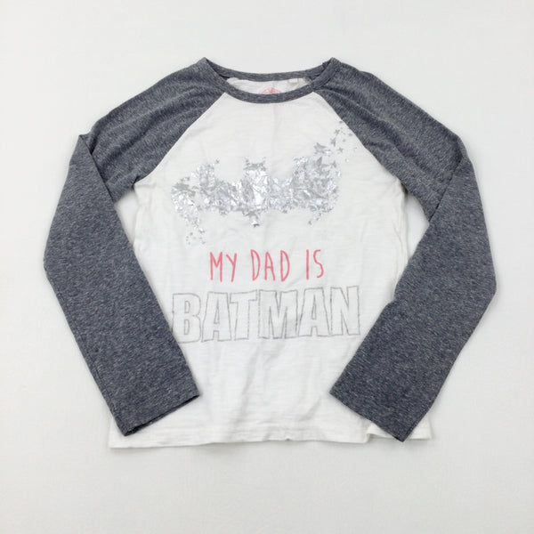'My Dad Is Batman' Stars Sparkly White & Grey Long Sleeve Top - Girls 8-9 Years