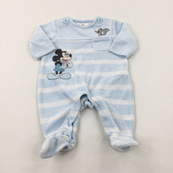Mickey Mouse Appliqued Blue Striped Babygrow - Boys Newborn