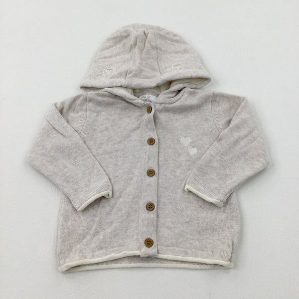 Hearts Embroidered Cream Knitted Hoodie - Girls 0-3 Months