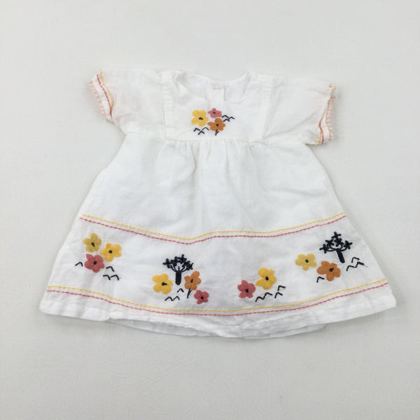 Flowers Embroidered White Dress - Girls 0-3 Months