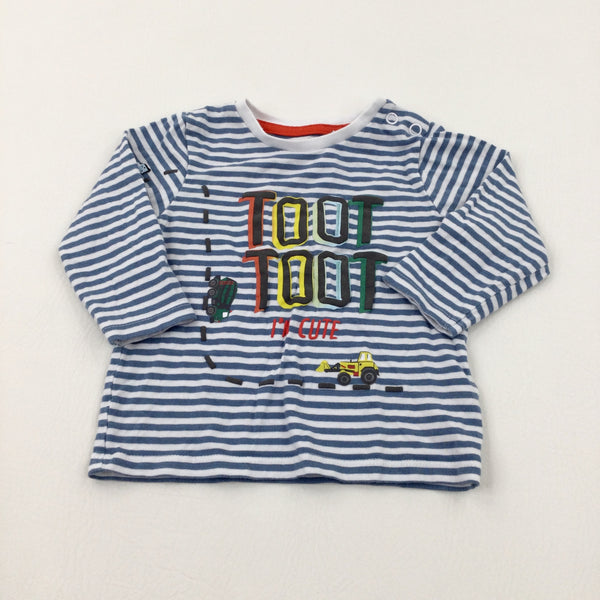 'Toot Toot' Digger Blue Striped Long Sleeve Top - Boys 6-9 Months