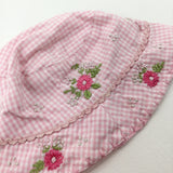 Flowers Embroidered Pink Checked Sun Hat - Girls 9-12 Months