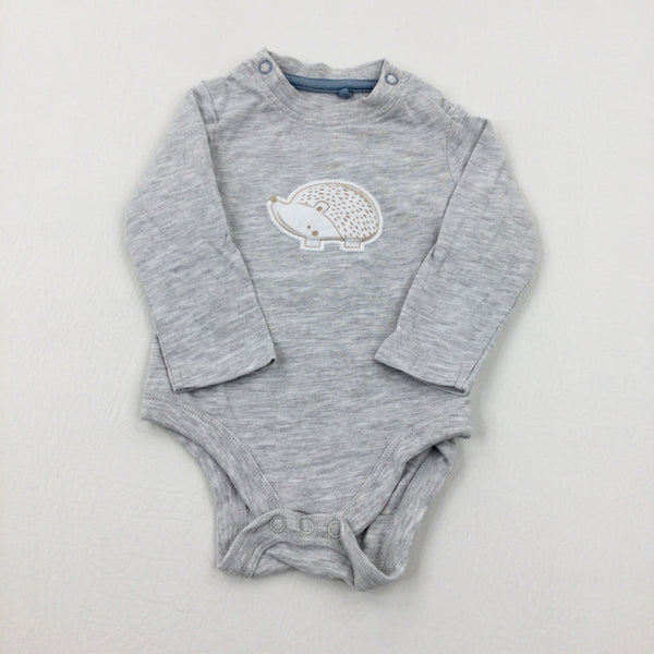 Hedgehog Appliqued Grey Long Sleeve Bodysuit - Boys 0-3 Months