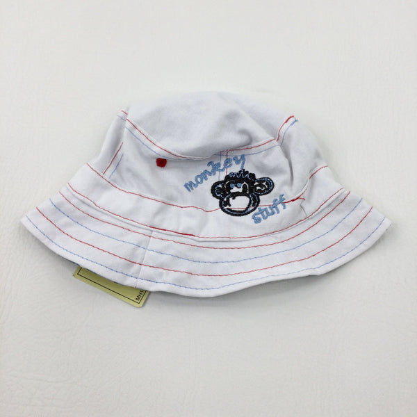**NEW** 'Monkey Stuff' Embroidered White Sun Hat - Boys 0-3 Months