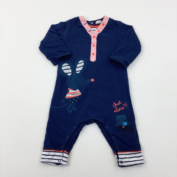 'Chat Alors!!' Mouse Navy Babygrow - Boys 6-9 Months