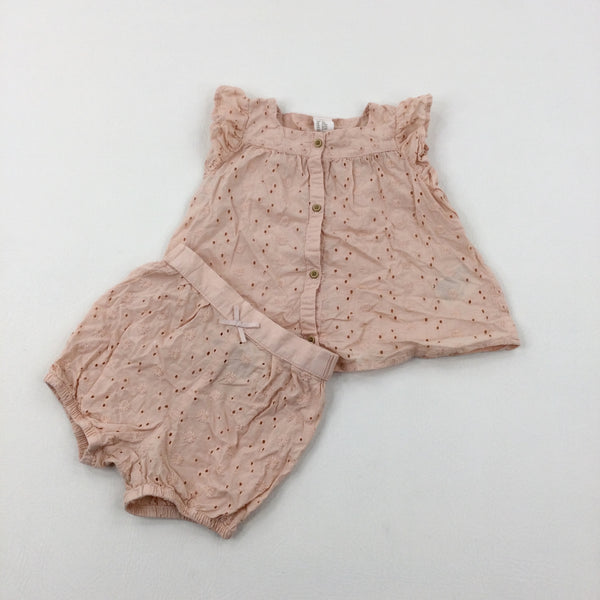 Flowers Embroidered Peach Top & Shorts Set - Girls 9-12 Months