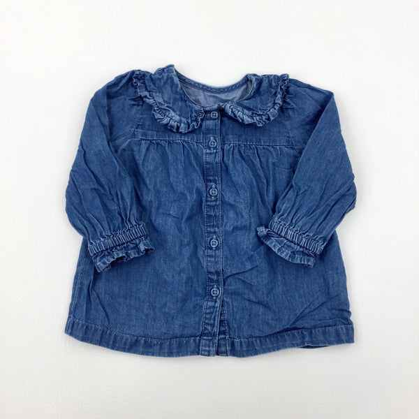 Blue Denim Effect Long Sleeve Shirt - Girls 9-12 Months