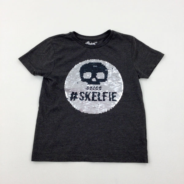 '#Selfie' Sequin Flip Skull Charcoal Grey T-Shirt - Boys 4-5 Years