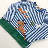 Dog & Foxes Appliqued Blue Striped Long Sleeve Top - Boys 12-18 Months