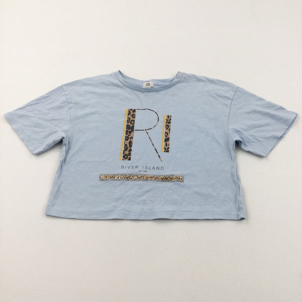 'River Island' Diamontes Appliqued Blue Cropped T-Shirt - Girls 7-8 Years