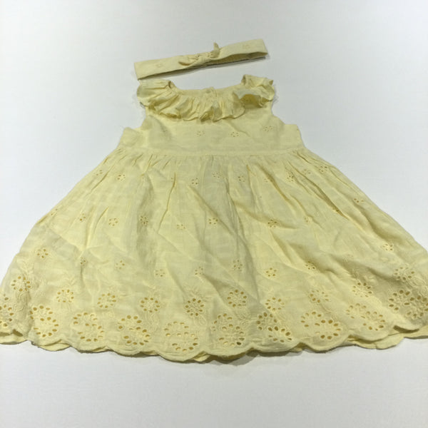 Yellow Broderie Cotton Sun Dress & Headband Set - Girls 9-12 Months
