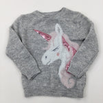 Unicorn Sequin Grey Knitted Jumper - Girls 18-24 Months