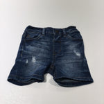 Dark Blue Distressed Denim Shorts with Adjustable Waistband - Boys 9-12 Months