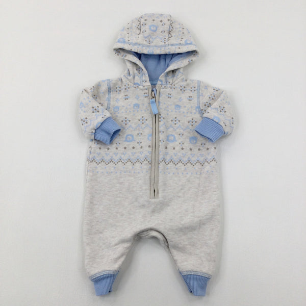 Teddy Faces Blue & White Hooded Romper - Boys 0-3 Months