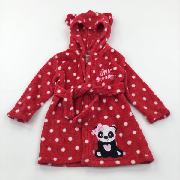 'Little Sweetheart' Panda Appliqued Red & White Spotty Fleece Dressing Gown - Girls 12-18 Months