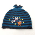 Spaceman & Alien Embroidered Black & Teal Striped Knitted Hat - Boys 3-6 Years