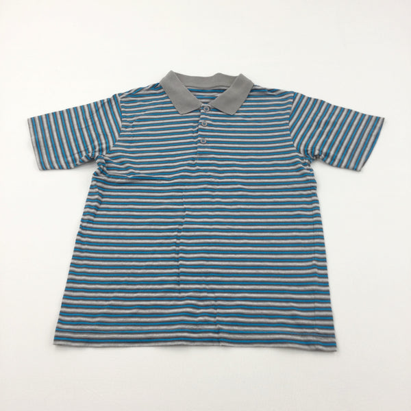 Blue & Grey Striped Polo Shirt - Boys 10-11 Years