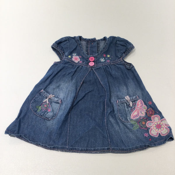 Butterflies & Flowers Embroidered & Appliqued Mid Blue Lightweight Denim Dress - Girls 3-6 Months