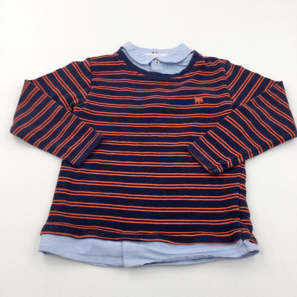 Bulldog Motif Orange & Navy Striped Long Sleeve Top with Faux Shirt Collar & Hem - Boys 6-7 Years