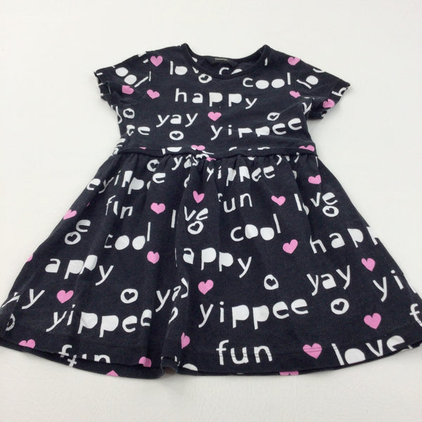 'Fun, Love, Happy, Cool' Hearts Black, White & Pink Jersey Dress - Girls 2-3 Years