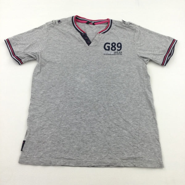 Grey with Navy & Pink Trim T-Shirt - Boys 13-14 Years