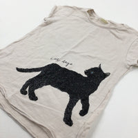 'Cat Days' Glittery Beige T-Shirt - Girls 6-7 Years
