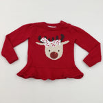 Sequins Reindeer Red Knitted Christmas Jumper - Girls 9-12 Months