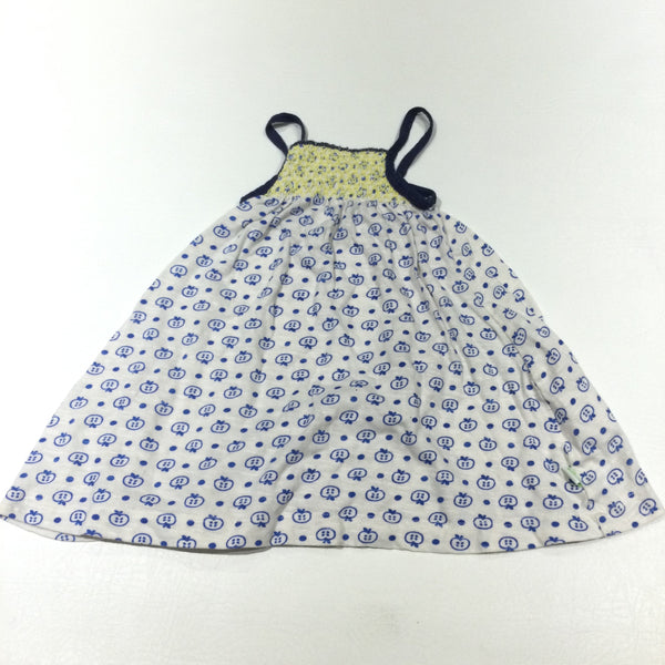 Apples Embroidered Blue, White & Yellow Jersey Sleeveless Dress - Girls 3-6 Months
