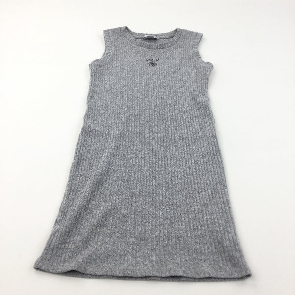 'Day Off' Flower Motif Grey Ribbed Polyester Sleeveless Dress - Girls 10-11 Years