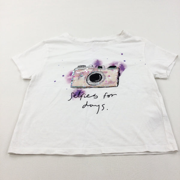 'Selfies For Days' Sequin Camera Whute Cropped T-Shirt - Girls 5 Years