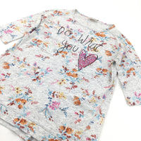 'Do What You Love' Sequins Flowers Oatmeal Half Sleeve Top - Girls 11 Years