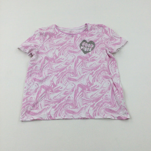 'Good Vibes' Glittery Swirls Pink & White T-Shirt - Girls 10-11 Years