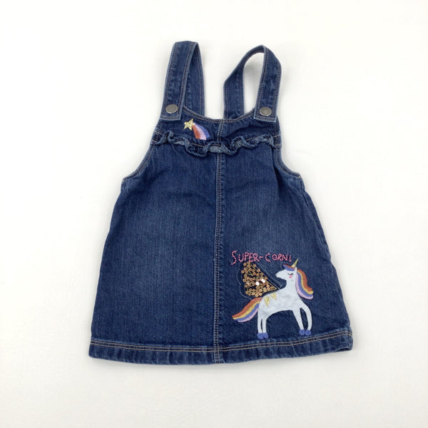 'Super-Corn!' Unicorn Appliqued Sequinned Blue Denim Dungaree Dress - Girls 12-18 Months