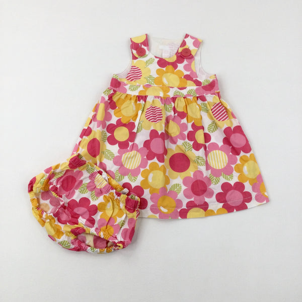 Flowers Colourful Dress & Nappy Pants Set - Girls 12-18 Months