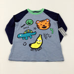 **NEW** 'Smile Let's Go!' Dinosaur & Tiger Colourful Blue Long Sleeve Top - Boys 2-3 Years