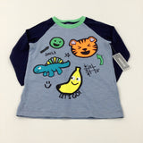 **NEW** 'Smile Let's Go!' Dinosaur & Tiger Colourful Blue Long Sleeve Top - Boys 2-3 Years