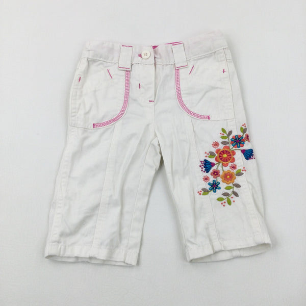 Flowers Embroidered White Trousers With Adjustable Waist - Girls 18-24 Months