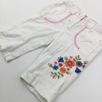 Flowers Embroidered White Trousers With Adjustable Waist - Girls 18-24 Months