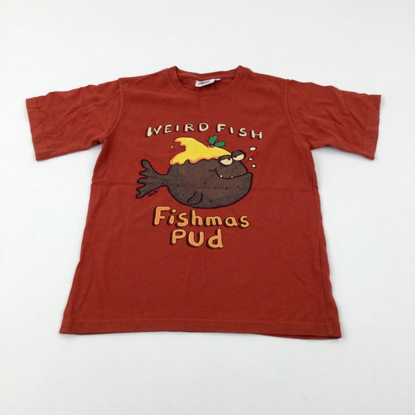 'Fishmans Pud' Orange Cotton T-Shirt - Boys 9-10 Years