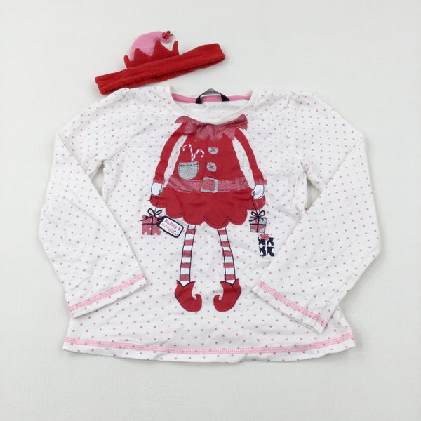 'Mummy's Little Elf' Hearts Glittery White Long Sleeve Top & Headband - Girls 4-5 Years